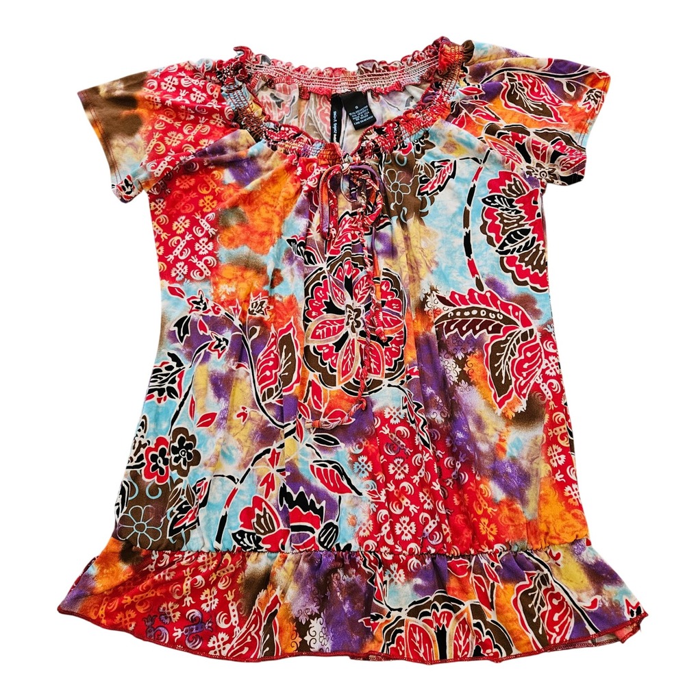 Saint Tropez West Womens Small Floral Batik Print Ruffle Hem Smocked Neck Top